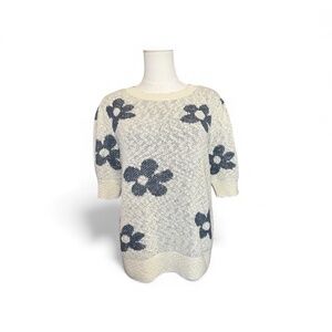 EUC Sonoma cream puff-sleeve sweater with blue flowers | sz L